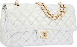 Chanel Metallic Silver Quilted Lambskin Leather Medium Double Flap Bag with Matte Gold Hardware Very Good to Excellent Condition 10" Width x 6" Height