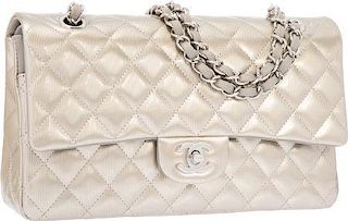 Chanel Metallic Silver Quilted Patent Leather Medium Double Flap Bag with Silver Hardware Excellent to Pristine Condition 10" Width x 6" Height x 2.5"