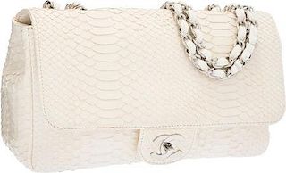 Chanel White Python Jumbo Single Flap Bag with Silver Hardware 12" Width x 8" Height x 4" Depth Good to Very Good Condition