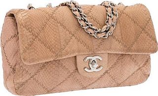Chanel Beige Quilted Python Medium Single Flap Bag with Silver Hardware Excellent Condition 10" Width x 6" Height x 2.5" Depth