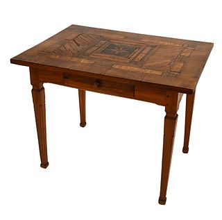 Italian Neoclassical Walnut Marquetry Games Table, having rectangular parquet top with star and banded motif above a plain apron fitted with a drawer 
