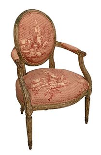 Louis XVI Open Armchair, in old off white paint, height 35 1/2 inches.