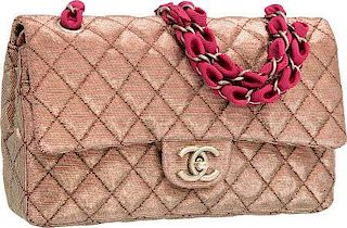 Chanel Metallic Gold & Red Brocade Medium Double Flap Bag with Brass Hardware Excellent to Pristine Condition 10" Width x 6" Height x 2.5" Depth