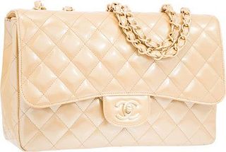 Chanel Pearlescent Gold Quilted Patent Leather Jumbo Single Flap Bag with Matte Gold Hardware Excellent Condition 12" Width x 8" Height x 3" Depth
