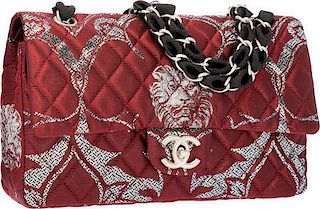 Chanel Limited Edition Paris-Moscow Red & Silver Brocade Medium Double Flap Bag with Matte Silver Hardware Excellent to Pristine Condition 10" Width x
