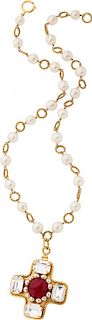 Chanel Gold & Glass Pearl Gripoix Cross Necklace Very Good to Excellent Condition 30" Length
