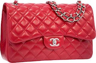 Chanel Red Quilted Caviar Leather Jumbo Double Flap Bag with Silver Hardware Excellent Condition 12" Width x 8" Height x 3" Depth