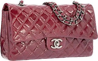 Chanel Red Quilted Distressed Patent Leather Medium Double Flap Bag with Gunmetal Hardware Excellent Condition 10" Width x 6" Height x 2.5" Depth