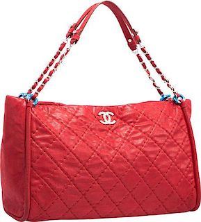 Chanel Red Quilted Velvet Leather Shopping Tote Bag with Silver Hardware Excellent to Pristine Condition 15" Width x 10" Height x 7" Depth