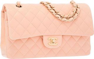 Chanel Pink Quilted Lambskin Leather Medium Double Flap Bag with Matte Gold Hardware Very Good Condition 10" Width x 6" Height x 2.5" Depth