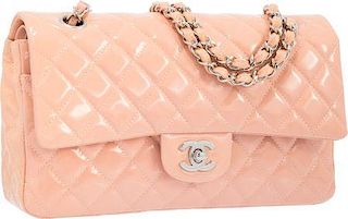 Chanel Pink Quilted Patent Leather Medium Double Flap Bag with Silver Hardware Excellent to Pristine Condition 10" Width x 6" Height x 2.5" Depth