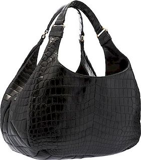 Bottega Veneta Matte Black Crocodile Campana Shoulder Bag Very Good to Excellent Condition 15" Width x 9" Height x 6" Depth