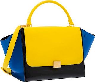 Celine Yellow, Black & Blue Leather Trapeze Bag  Excellent Condition 13" Width x 10" Height x 7" Depth