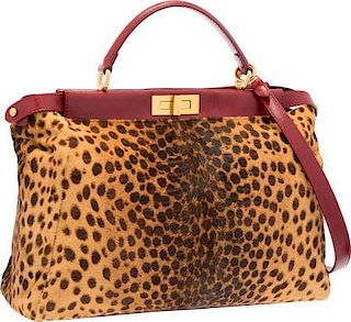 Fendi Leopard Ponyhair & Red Leather Peekaboo Bag with Shoulder Strap Very Good Condition 15.5" Width x 12" Height x 5" Depth