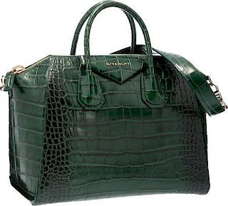 Givenchy Green Alligator Embossed Leather Antigona Bag with Gold Hardware Excellent Condition 13" Width x 11" Height x 8" Depth