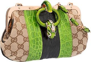 Gucci Green & Black Crocodile and Canvas Dragon Evening Bag by Tom Ford Excellent Condition 9" Width x 4" Height x 1.5" Depth