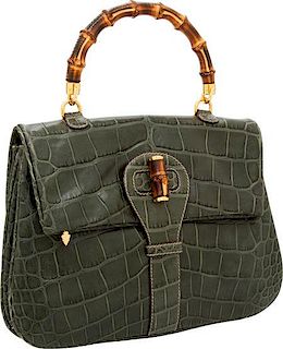 Gucci Matte Green Alligator Bamboo Top Handle Bag Excellent Condition 15" Width x 11" Height x 3" Depth
