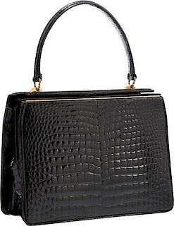 Gucci Shiny Black Crocodile Top Handle Bag with Gold Hardware Good Condition 9" Width x 7" Height x 4" Depth