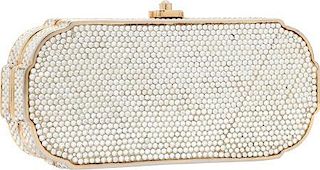 Judith Leiber Full Bead Silver Crystal Minaudiere Evening Bag Good to Very Good Condition 6" Width x 3" Height x 1" Depth