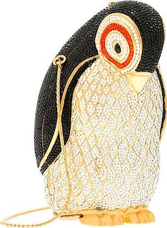 Judith Leiber Full Bead Black & Silver Crystal Penguin Minaudiere Evening Bag Very Good to Excellent Condition 3" Width x 5.5" Height x 3" Depth