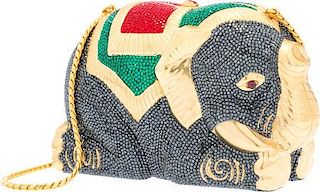 Judith Leiber Full Bead Gray, Green & Red Crystal Elephant Minaudiere Evening Bag Very Good to Excellent Condition 5" Width x 4" Height x 2" Depth