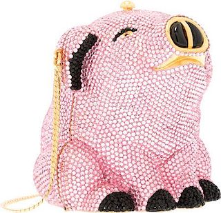 Judith Leiber Full Bead Pink & Black Crystal Pig Minaudiere Evening Bag Excellent Condition 3.5" Width x 4" Height x 3.5" Depth