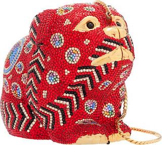 Judith Leiber Full Bead Red & Black Crystal Bulldog Minaudiere Evening Bag Very Good to Excellent Condition 3" Width x 4" Height x 5" Depth