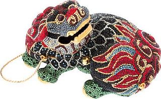 Judith Leiber Full Bead Red & Black Crystal Foo Dog Minaudiere Evening Bag Excellent to Pristine Condition 6" Width x 3.5" Height x 4" Depth