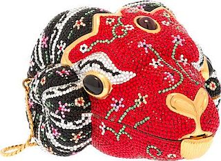 Judith Leiber Full Bead Red & Black Crystal Ram Minaudiere Evening Bag Very Good to Excellent Condition 4.5" Width x 3.5" Height x 5.5" Depth