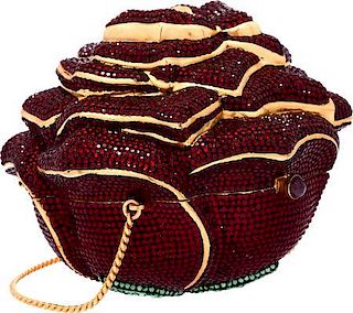Judith Leiber Full Bead Red & Green Crystal Rose Minaudiere Evening Bag Very Good to Excellent Condition 4" Width x 3.5" Height x 4" Depth