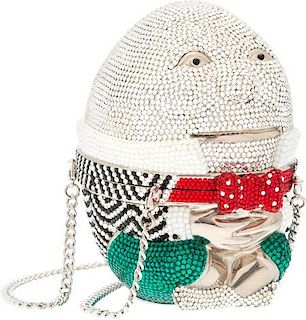 Judith Leiber Full Bead Silver & Black Crystal Humpty Dumpty Minaudiere Evening Bag Very Good to Excellent Condition 3.5" Width x 5" Height x 4" Depth