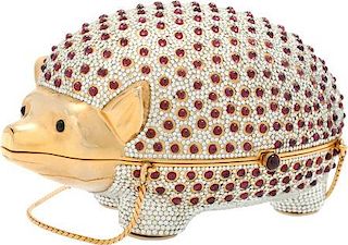 Judith Leiber Full Bead Silver Crystal Hedgehog Minaudiere Evening Bag Very Good to Excellent Condition 4" Width x 3.5" Height x 6.5" Depth