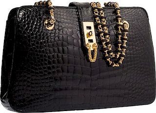 Judith Leiber Shiny Black Crocodile Shoulder Bag with Gold Hardware Very Good Condition 12.5" Width x 8" Height x 3" Depth