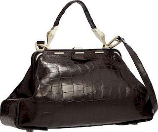Kieselstein Cord Matte Brown Alligator Top Handle Bag with Gold Hardware Good Condition 17" Width x 8" Height x 4.5" Depth