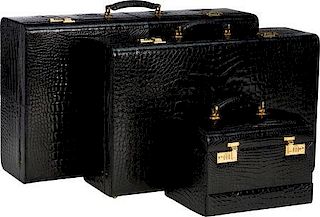 Mark Cross Set of Three; Shiny Black Crocodile Suitcases and Train Case Good to Very Good Condition 30" Width x 18" Height x 9" Depth 26" Width x 17" 