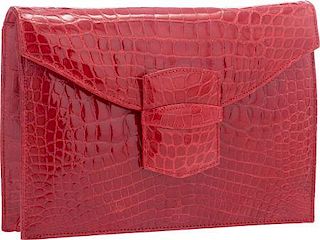Oscar de la Renta Shiny Red Crocodile Clutch Bag Very Good Condition 9.5" Width x 6.5" Height x 2" Depth