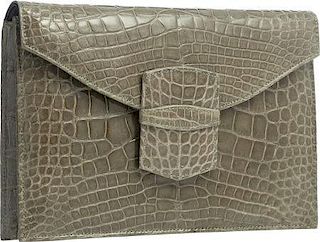 Oscar de la Renta Shiny Green Crocodile Clutch Bag Very Good Condition 9.5" Width x 6.5" Height x 2" Depth
