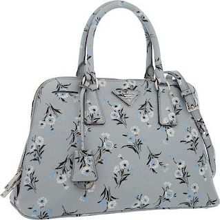 Prada Acciaio Gray Floral Saffiano Leather Tote Bag  Excellent to Pristine Condition 12.5" Width x 8.5" Height x 5" Depth