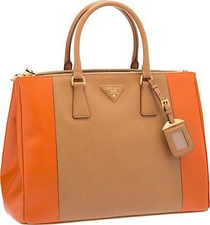 Prada Caramel & Papa Brown Saffiano Leather Tote Bag with Gold Hardware Excellent Condition 14" Width x 10.5" Height x 6" Depth