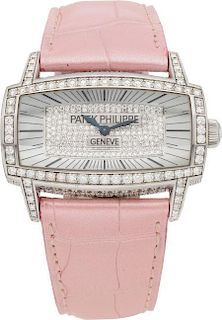 Patek Philippe Diamond & 18K White Gold Lady's Gemma Watch with Pink Alligator Strap Excellent Condition