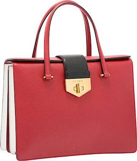 Prada Fuoco, Bianco & Nero Saffiano Leather Tote Bag with Gold Hardware Excellent Condition 11" Width x 9" Height x 4" Depth