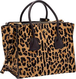 Prada Moro Miele Brown Leopard Cavallino Ponyhair Tote Bag with Gold Hardware Excellent Condition 12" Width x 10" Height x 8.5" Depth
