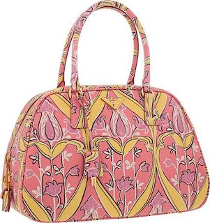 Prada Pink & Yellow Begonia Saffiano Leather Tote Bag with Gold Hardware Excellent Condition 14" Width x 10" Height x 6" Depth