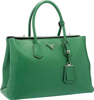Prada Verde Green Saffiano Leather Tote Bag with Silver Hardware Excellent Condition 15" Width x 10" Height x 7" Depth
