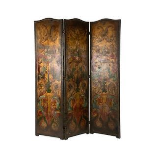 Antique English Painted Leather 3 Panel Screen