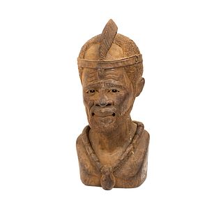 African Wood Carved Tribal Man Chief Bust Sculpture