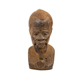 African Wood Carved Man Smoking Pipe Bust Sculpture