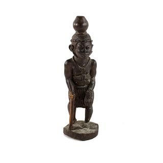 African Ironwood Carved Figure with Basket Sculpture