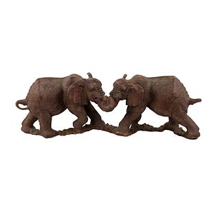 African Ironwood Carved Pair of Elephants Sculpture