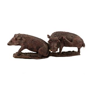 African Ironwood Carved Pair of Warthogs Sculpture